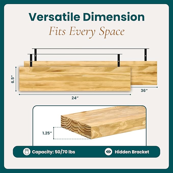 24'' Pine Wood Floating Shelves for Wall- Set of 2 - Rustic Wall Mounted Wooden Shelf for Stylish Home Dรฉcor - Natural Color - 24x6.5x1.25 Inches, 2pcs