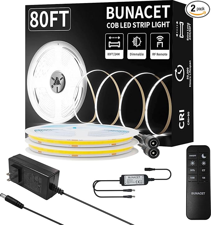 80FT/24m COB LED Strip Light (2 Rolls of 40ft) Warm White Dimmable 6500K High Lumen CRI 90+ with 24V Power Adapter RF Remote LED Lights for Bedroom Counter Under Cabinet Kitchen Projects