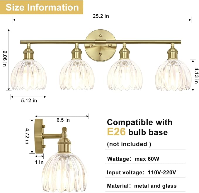 Vintage Bathroom Light Fixtures,4-Light Hardwired Vanity Lights Over Mirror,Gold Wall Sconces with Clear Tulip Glass Shade for Bathroom Living Room,E26 Socket(Bulbs Not Included)