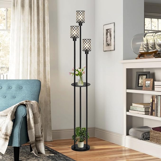 Floor Lamps for Living Room, Standing Floor Lamp with Shelves, Tall Lamp with Table, Modern Mid Century Floor Lamp with E26 Base, Coner Crystal Floor Light for Bedroom (Without Bulb)