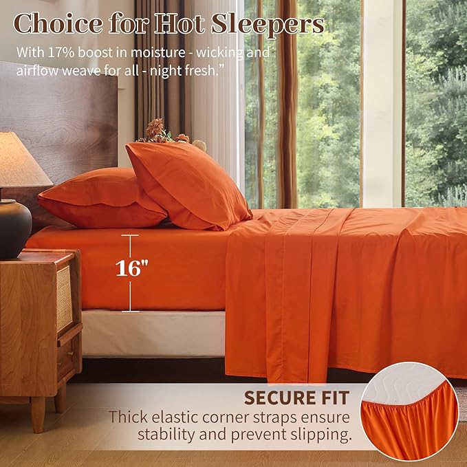 MEISHANG 100% French Pure Linen Sheets Queen Size - Bed Sheets 4 Piece Sets, Soft Durable Flax Linen, Anti-Tear Breathable Oeko-Tex Certified with 16" Deep Pocket (Orange)