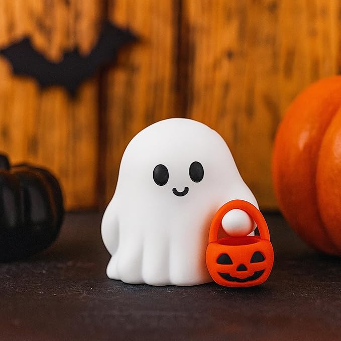 3 Pcs Halloween Ghost Figurine Ghost Resin Halloween Statue Cute Spooky Carrying Pumpkin Basket Designs Spooky Desk Display Ornament for Home and Office Tabletop Art Decoration