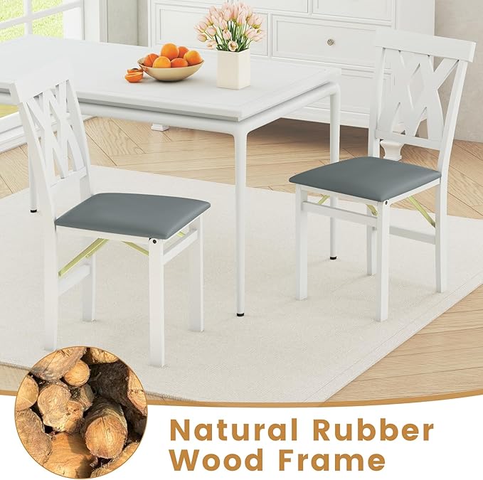 GOFLAME Folding Dining Chairs Set of 2, Foldable Kitchen Chairs with PVC Leather Padded Seat and Rubber Wood Frame, Elegant Hollowed Backrest, Wooden Dinner Chair Set for Dining Room, White