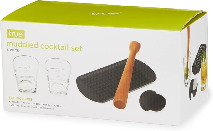 True Muddled Cocktail Kit with 2 Recipe Lowball Tumblers, Wooden Muddler, Silicone Ice Sphere Mold and Mini Pebble Ice Tray, Set of 5