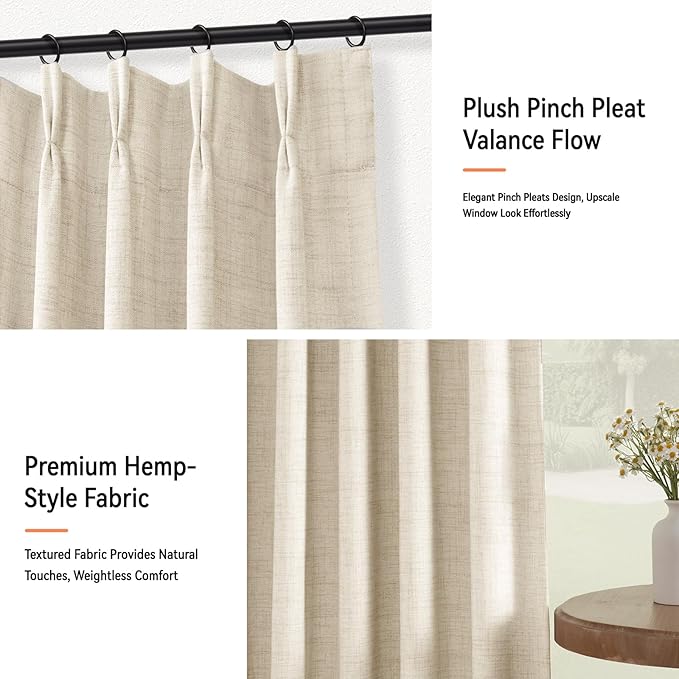 100% Blackout Shield Linen Look Textured Pinch Pleated Curtains Blackout Drapes 102 Inch Long 2 Panels Set, Faux Linen Blackout Curtains for Bedroom & Living Room, 40" W x 102" L, Cream