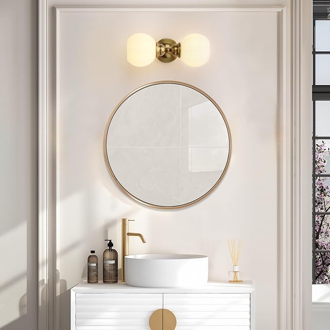 Pathson 2-Light Milk White Wall Sconces Striped Glass, Modern Bathroom Sconces Wall Vanity Light Fixtures Brass Finish, Vintage Wall Sconce Lamp for Mirror Living Room Bedroom Farmhouse Lighting