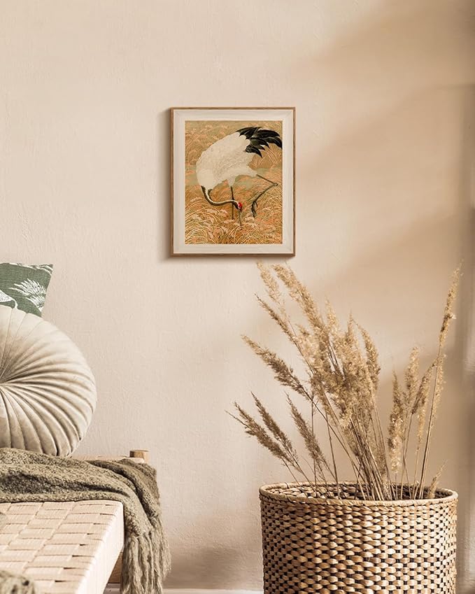 InSimSea Framed Wall Art Crane Print Shelf Decor Classic Vintage Japandi Animal Wall Picture Canvas Artwork for Nursery Bathroom Bedroom Kids Room Decor 12L x 10W