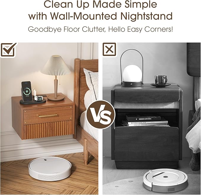 Floating Nightstand Set of 2 with Charging Station, Mid Century Modern Wood Wall Mounted Bedside Table with Storage Drawers & Fluted End Table for Bedroom, Home Small Space, Cherry, 2 PCS