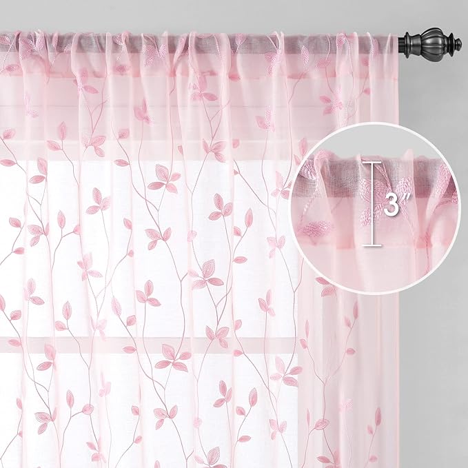 HOMEIDEAS Pink Sheer Curtains 52 X 96 Inches Length 2 Panels Embroidered Vine Floral Pattern Pocket Faux Linen Semi Sheer Voile Window Drapes for Bedroom Living Room