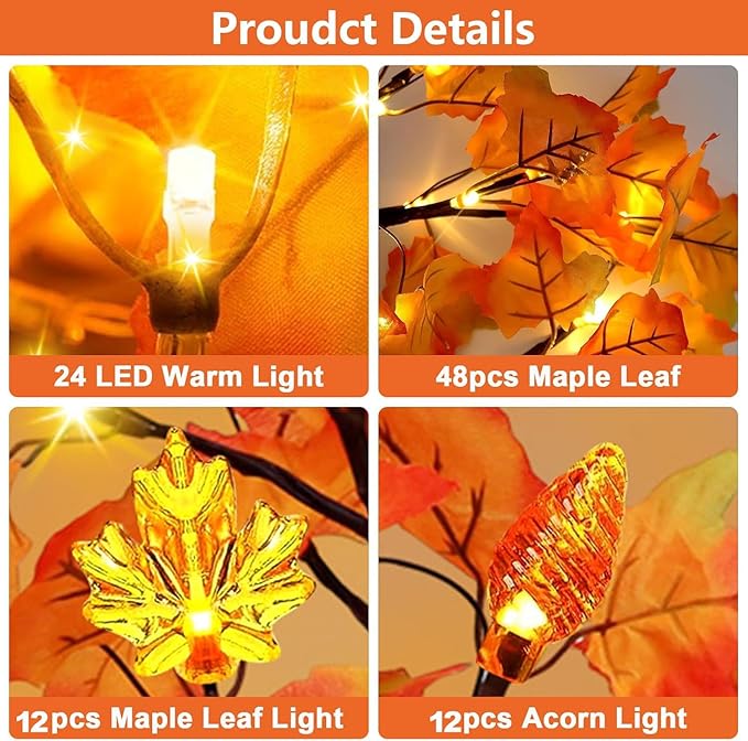 Fall Decor 2 Pack 24 Inch Prelit Fall Maple Tree with 48 LED Lights Battery Operated Timer Light Up Artificial Maple Acorn Tree for Fall Thanksgiving Tabletop Home Indoor Halloween Decor