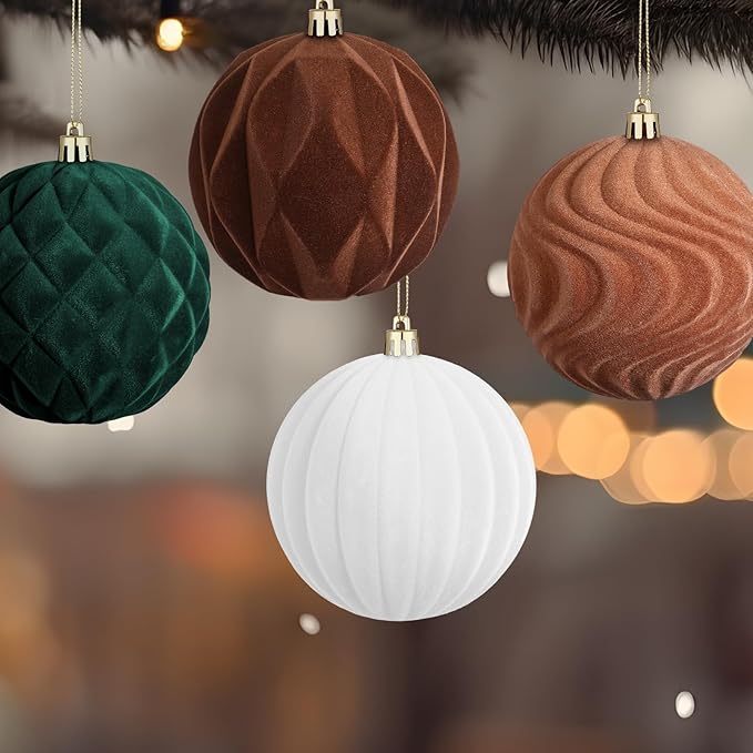 4 Pcs 4 Inch Large Velvet Christmas Ball Ornaments Vintage Christmas Plastic Ball Ornaments Flocked Tree Hanging Decoration for Xmas Party Wedding Home Decor(Brown Green White)