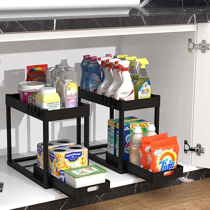 2PC Under Sink Organizer Rack 2 Tier Under Sliding Cabinet Basket Organizer Drawer with 4 Hooks, Multi-purpose Under Sink Storage for Bathroom Kitchen Desktop(Black)