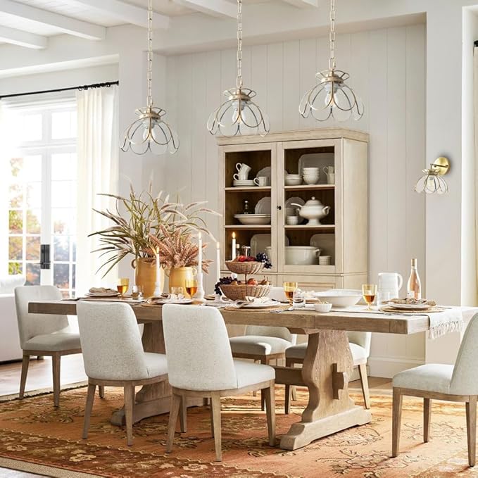 Yifi Glass Pendant Light Fixture, Brass Ceiling Pendant Lighting, Adjustable Chain Gold Mini Chandelier, Elegant Flower Hanging Lamp for Kitchen Island Dining Room Living Room Cafe Shops, Clear
