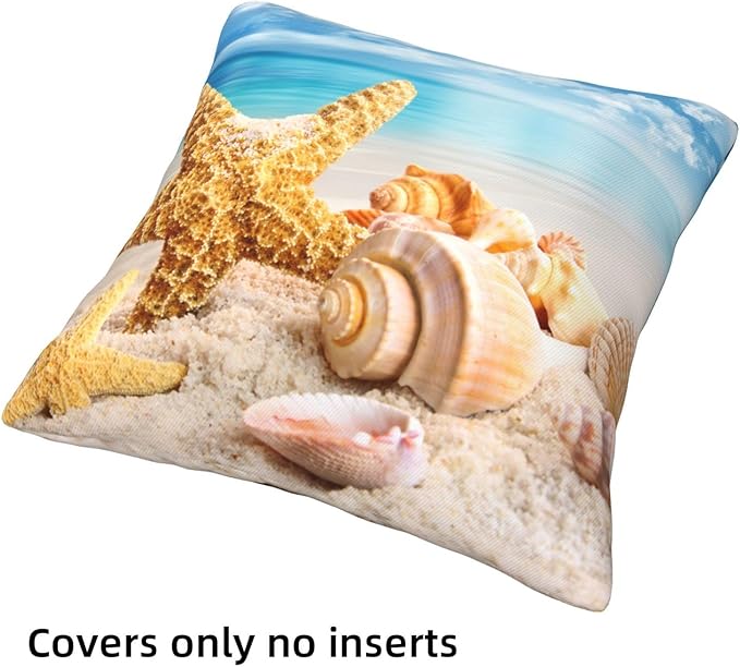 Ocean Beach Throw Pillow Covers 18 x 18 Inch Seashell Starfish Conch Ocean Themed Decorative Pillows Soft Cushion Cases for Couch Sofa Bed Home Decor Set of 4