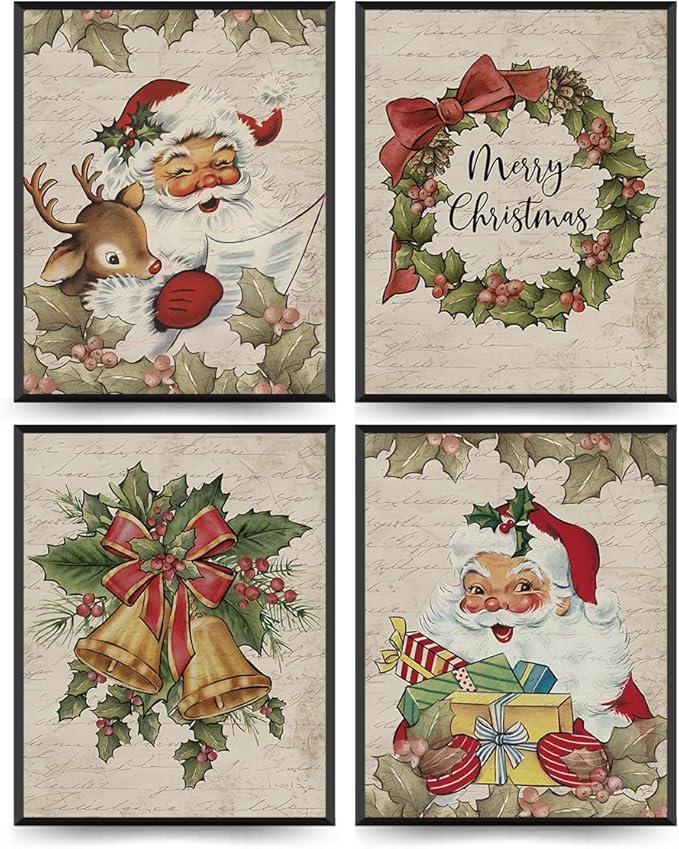ETVISO Vintage Christmas Wall Art Prints Set of 4, Retro Christmas Garland Poster, Winter Holidays Gift Print Decor for Gallery, Living Room, Bathroom, 8x10 (Unframed)