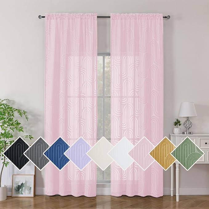 Simplebrand Blush Pink Sheer Curtains 96 Inches Long 2 Panels for Living Room, Jacquard Clip Textured Geometric Mid Century Sheer Curtains, Light Filtering Elegant Long Curtains Sheer, 42" Wx96 L