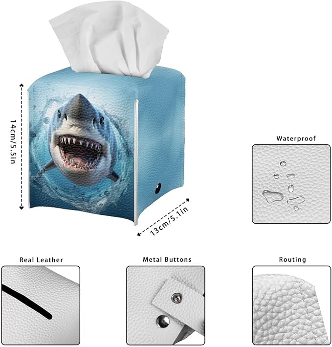 Shark Tissue Box Cover Square Tissue Holder for Home/Bathroom Decor Blue Leather Tissue Box Holder Desk Accessories Napkin Organizer Dispenser Tissue Cube Box Cover