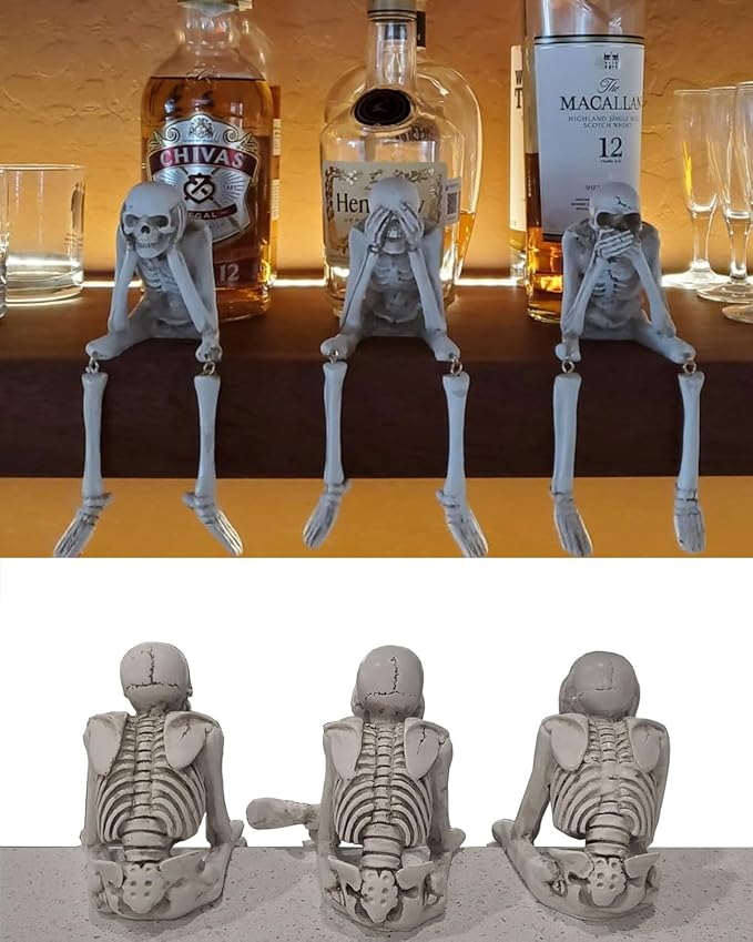 Halloween Decorations Indoor Skeleton Statues See Speak Hear No Evil Figurines for Mantel Table - Realistic Resin Skull Spooky Gothic Home Decor Set of 3