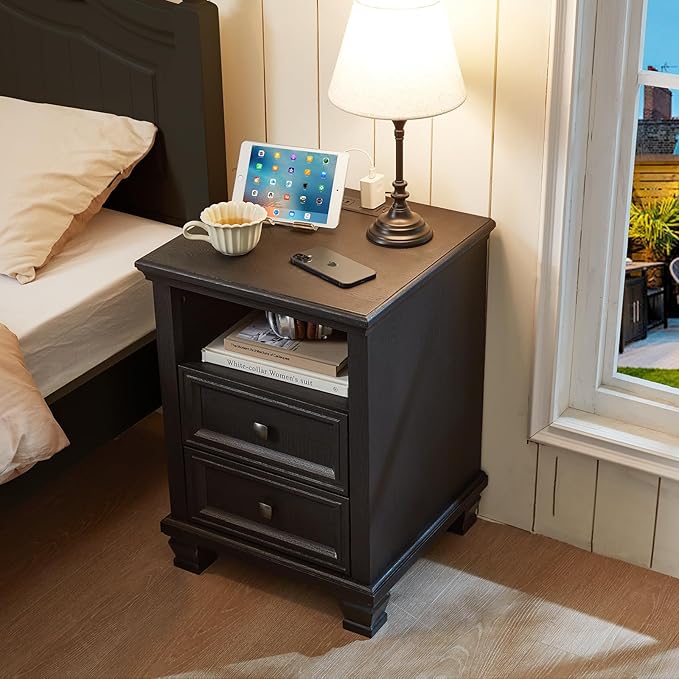 Farmhouse Nightstand Set of 2 with Charging Station, Rustic Black Nightstand,2 Drawers End Table for Living Room,Bedside Table with Open Shelf for Bed Room,Black