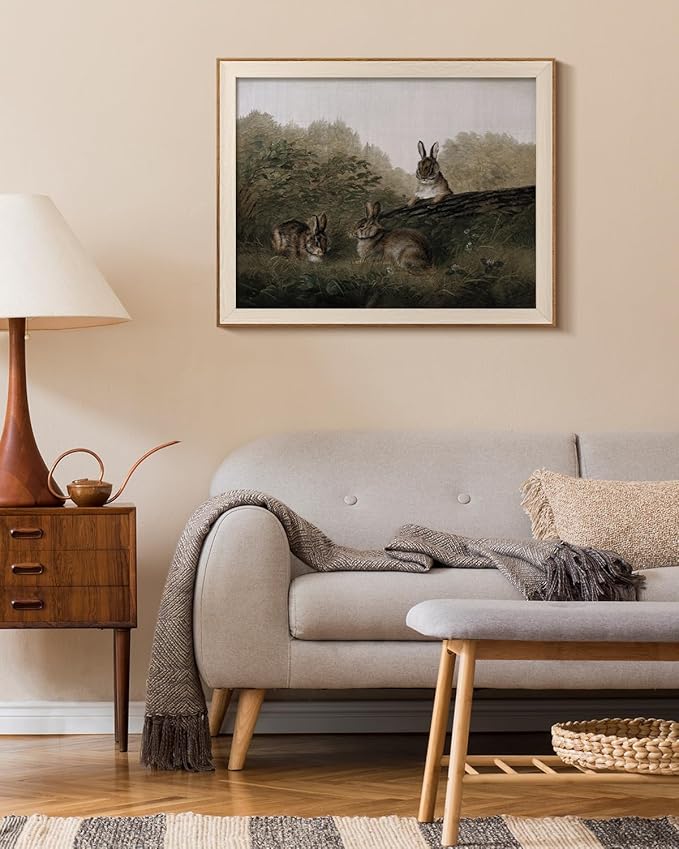 InSimSea Framed Canvas Wall Art of Rabbit Animal - Vintage Easter Bunny Room Decor, Aesthetic Wall Art Home Decor Oil Painting for Living Room Bedroom Botanical Landscape Farmhouse Wall Decor 16x20In