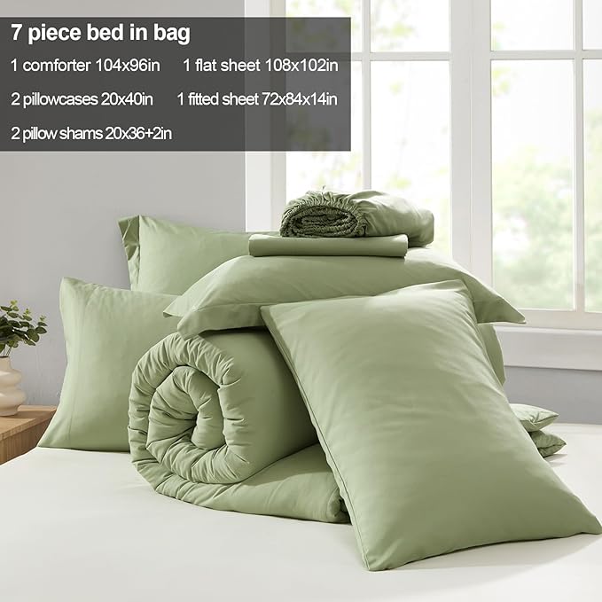 Homelike Moment California King Comforter Set 7 Piece, Sage Green Bed in a Bag Cal King Size Set Lightweight and Machine Washable