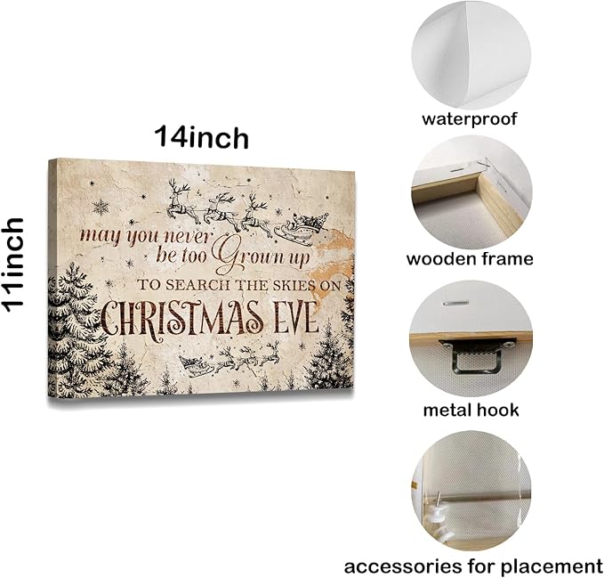 WODMIS Christmas Wall Decor,Farmhouse Christmas Decor,Christmas Signs Framed Canvas Wall Art,Christmas Eve Canvas Wall Art Home Decorations,May You Never Be Too Grown Up To Search Wall Decor 11x14