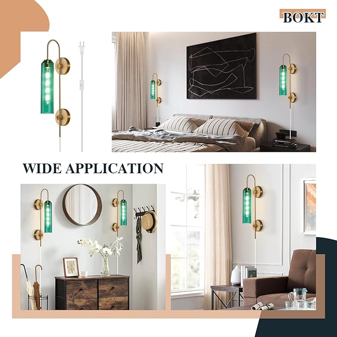 BOKT Modern Gold Plug in Wall Sconce Green Glass Bedside Wall Light Fixtures Plug in Cord Mid Century Long Metal Wall Sconce Single Bathroom Bar Wall Lamp (Green)