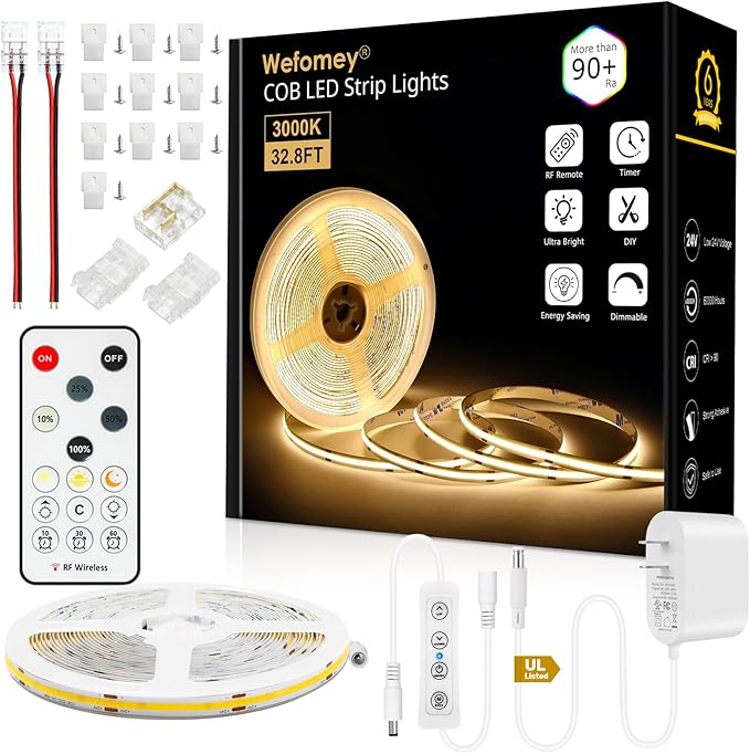 COB LED Strip Light Warm White, 33ft Dimmable 3000K Super Bright White Led Lights Strip with RF Remote and UL Power Supply, 24V Flexible LED Tape Light for Bedroom, Kitchen, DIY Lighting