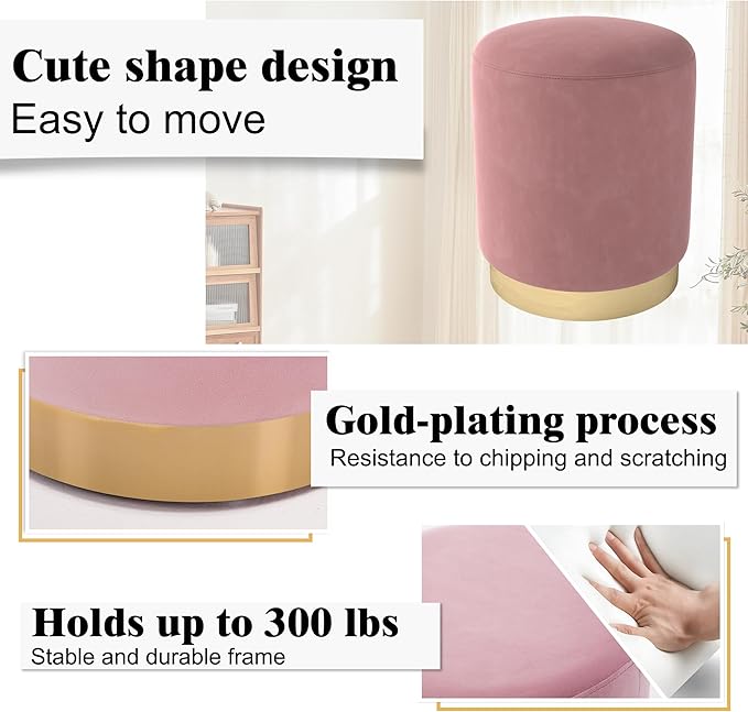 DAGONHIL Modern Round Pink Velvet Ottoman,Upholstered Floor Stools with Gold Plating Base,Accent Makeup Stool for Living Room,Bedroom and Kids Room,Pack of 1(Pink)
