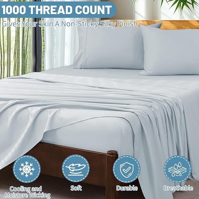Extra Deep Pocket California King Sheets 18-24 Inch 100% Egyptian Cotton 1000 Thread Count Sateen Weave Soft Breathable 4 Pieces(California King,Light Blue)