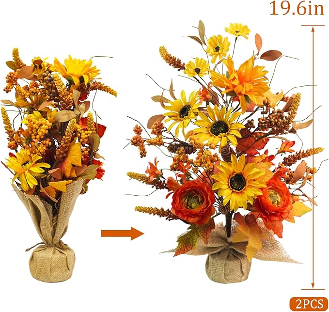 2 Pack Fall Table Decor, 19.6" Artificial Tabletop Fall Tree with Maple Leaves Sunflowers Fall Decorations for Indoor Outdoor Home Autumn Thanksgiving Table Centerpieces