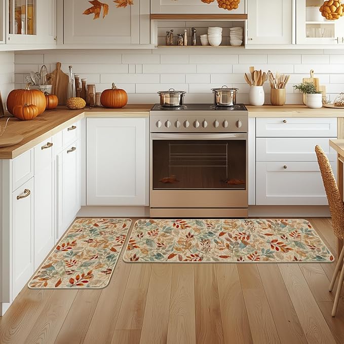 Artoid Mode Watercolor Leaves Eucalyptus Fall Kitchen Mats Set of 2, Home Decor Low-Profile Kitchen Rugs for Floor - 17x29 and 17x47 Inch