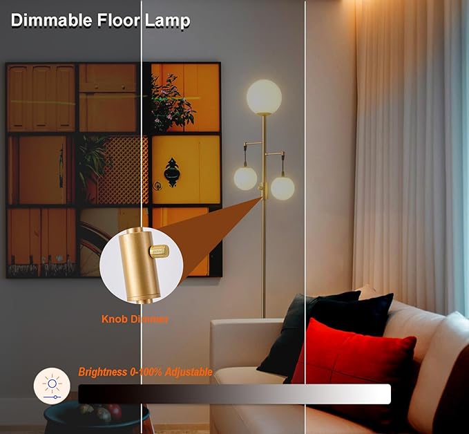 Fiqevs Dimmable Globe Floor Lamp for Living Room, Gold Tree Floor Lamp with Frosted Glass Globe Shade, 3 Light Standing Lamp LED Bulbs Included, Elegant Tall Lamp for Bedroom, Office