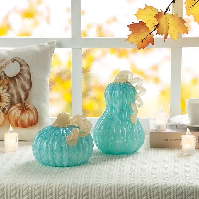 Glitzhome 6" D Round Turquoise Glass Pumpkin,Thanksgiving Glass Pumpkin Fall Pumpkin Glass Blown Pumpkin Table Decor Harvest Glass Pumpkin Figurine Glass Crafts for Fall Thanksgiving Halloween Decor