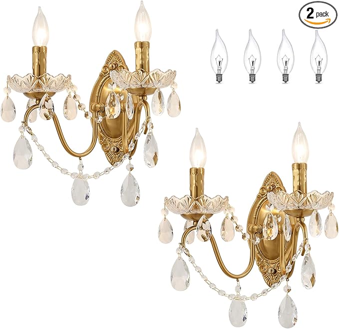 Crystal Wall Sconce Set of 2, Crystal Wall sconces, Vintage Wall sconces, Gold Brass Finish with Glass Drops, for Bedroom Living Room Bathroom Vanity Mirror Light Fixtures