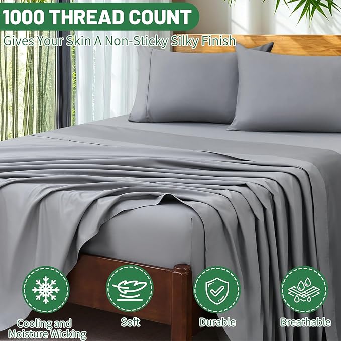 Extra Deep Pocket King Sheets 18-24 Inch 100% Egyptian Cotton 1000 Thread Count Sateen Weave Soft Breathable 4 Pieces(King,Grey)