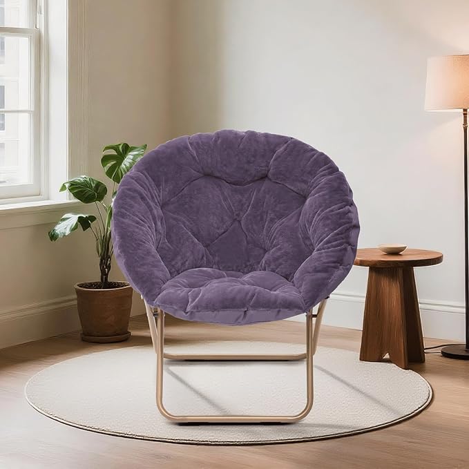 Magshion Saucer Chair for Adults, Comfy Living Room Lounge Chair for Bedroom Corner, Dorm, Apartment, Faux Fur Fluffy Circle Accent Seat with Thick Padded & Folding Metal Frame (Purple)