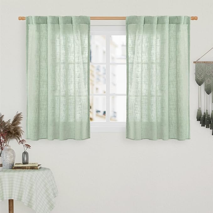LAMIT 40 Inch Length Linen Curtains for Small Windows, Semi Sheer Light Filtering Panels Back Tab and Rod Pocket Neutral Drapes for Basement/Window/Loft Room, Fresh Green, 2 Panels, 34 x 40 Inch