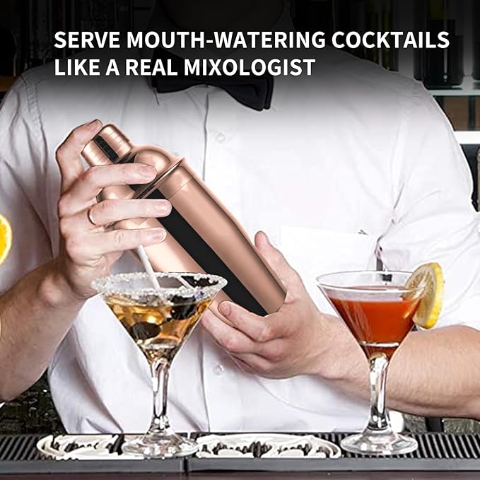 24oz Cocktail Shaker Bar Set, Martini Shaker with Built-In Strainer, Measuring Jigger, Mixing Spoon, Professional Stainless Steel Large Bartender Drink Shaker Margarita alcohol Mixer-Rose Gold