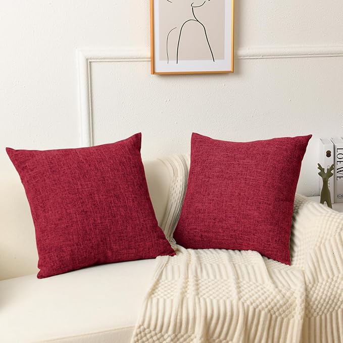 JIUZHEN 18x18 Inch Red Faux Linen Christmas Pillow Covers Set of 2, Holiday Festive Decorative Cushion Covers for Sofa Bed, Soft Washable Zippered Pillowcase