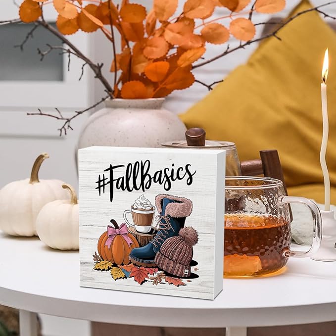 Autumn Thanksgiving Happy Fall Pumpkin Bow Spice Coffee Office Bedroom Dining Room Decor Wooden Box Block Plaque Wood Products Sign for Desk Table Tabletop Decor 5 x 5 inches Tub1602