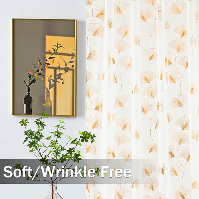 Gold Foil Print Sheer Curtains 84 inches Long, 2 Panels Ginkgo Bronzing Treatment Sheer Curtain, Rod Pocket Window Treatment Panels for Bedroom Living Room