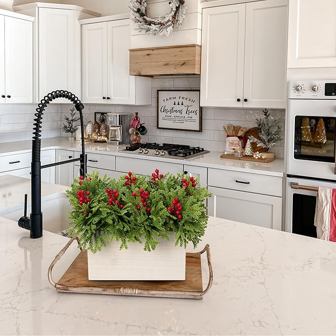 DILATATA Christmas Centerpieces 8 Inch Artificial Christmas Plant in Rectangular Wooden Pot Tabletop Pine Plants with Red Berries Cedar Leaves for Winter Holiday Party Fireplace Mantel Xmas Decor