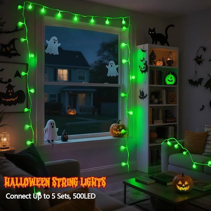 Connectable Green Halloween Lights Outdoor Indoor - 43FT 100LED Globe String Lights Plug in with Timer, 13 Modes Fairy Light Waterproof for Party Halloween Decorations Bedroom Decor