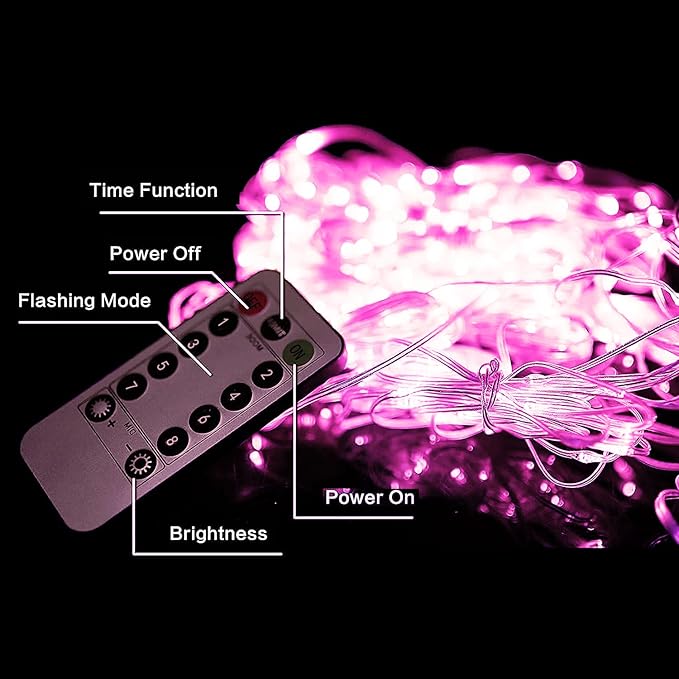 300 LED Pink Curtain String Lights, Twinkle Fairy Lights for Bedroom with 8 Lighting Modes, USB Christmas Lights for Party Home Bedroom Indoor Wall Room Decor (Pink)