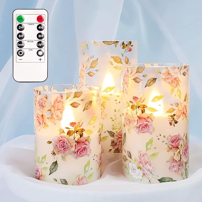 Rose Flameless Candles Love Theme Battery Operated Glass Flickering LED Candle with Remote Pink Flower Decal Realistic Pillar Candles Bedroom Home Decor Table Ornament