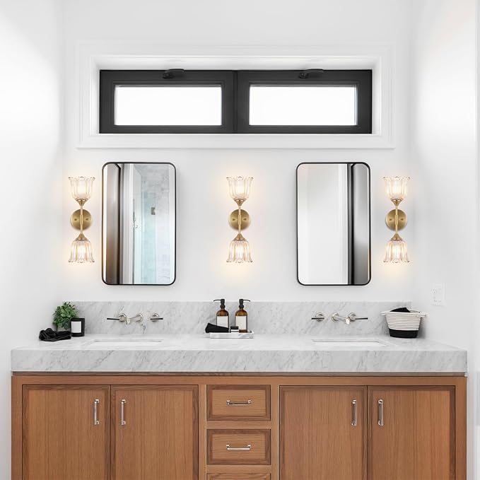2-Lights Gold Wall Sconce with Amber Glass Shades Modern Mid Century Bathroom Vanity Wall Light Fixtures Industrial Brushed Brass Wall Lamp for Bedroom Mirror Living Room Restaurant