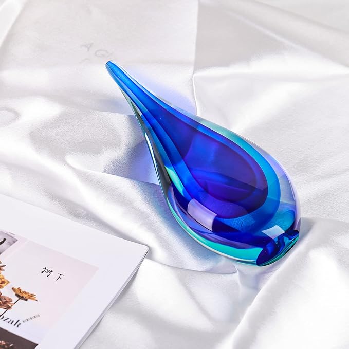 9" Tall Sculpture Hand Blown Glass Decor, Paperweight for Office Desk, Modern Glass Art Figurines Mediterranean Beach House Decor, Living Room Coffee Shelves Table Top Decoration (Blue)