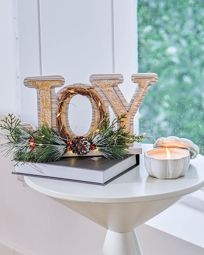 DN DECONATION Rustic Wooden Tabletop Christmas Joy Sign Decoration-White and Gold Xmas Joy Decorated with Needle Pine Branch, Pine Cone & Red Berries for Home Farmhouse Fireplace Mantel Decor