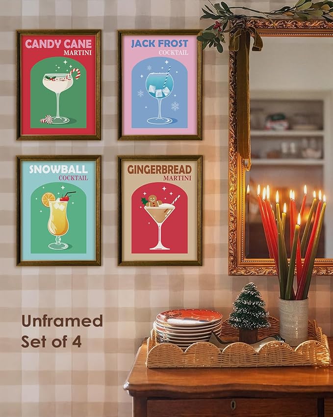 Wheatwin Retro Cocktail Christmas Wall Art Prints Set of 4, Funny Gingerbread Alcoho Wine Glass Print Cute Preppy Posters Aesthetic, Dorm Bar Party Kitchen Decor, 12x16 (Unframed)